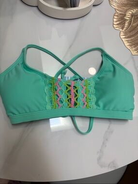 In motion NWT Aqua Green Crochet-Accent Bikini Top padded criss cross tie back M
